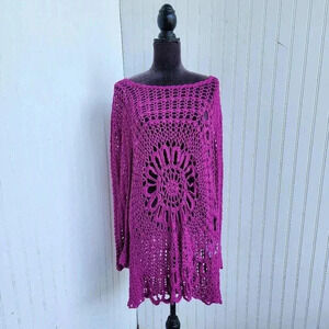 JOE BROWNS Purple LAVENDER LACY CROCHET KNIT Stretch SWEATER Flare Sleeve Sz  14